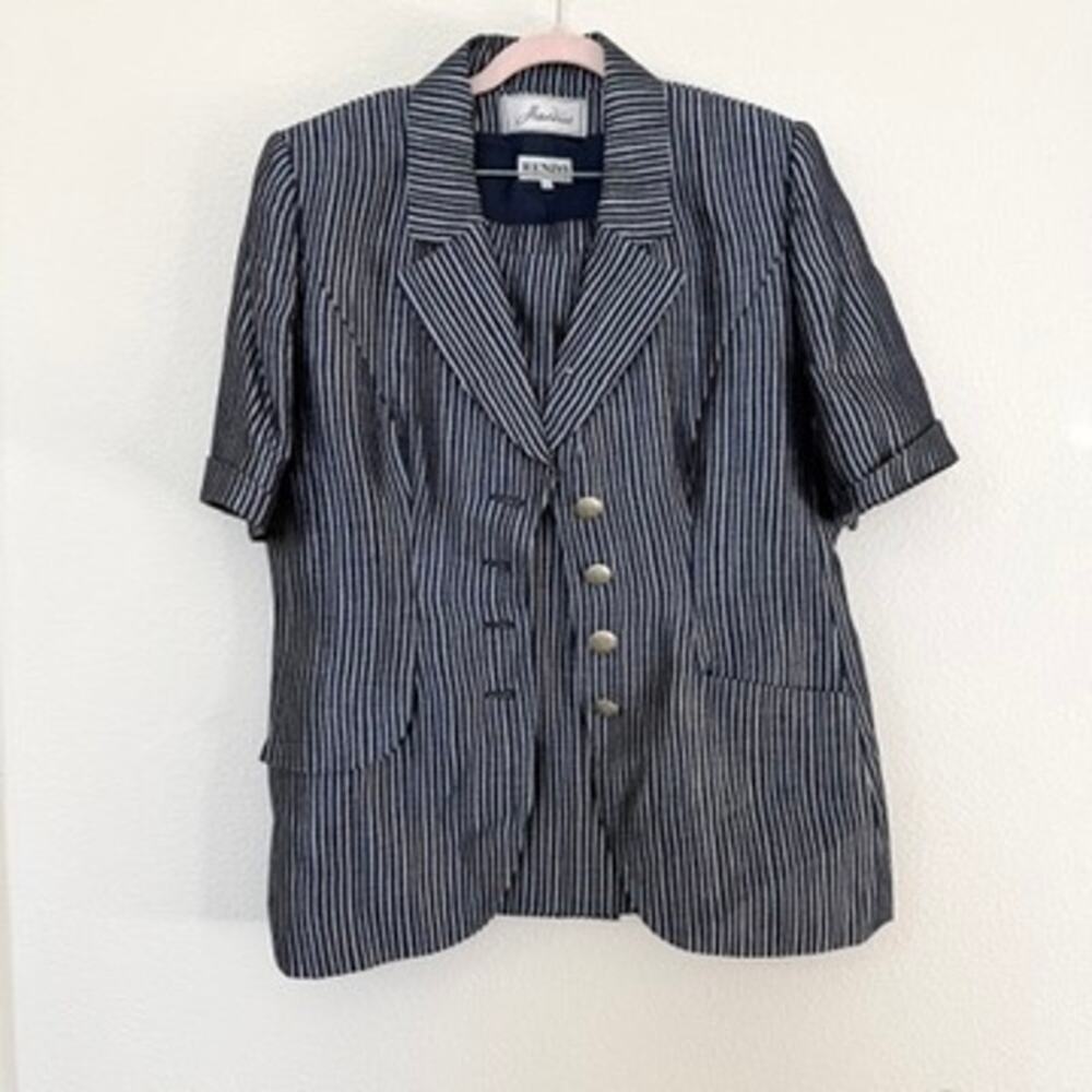 RENZO‎ Linen Pinstripe Skirt Suit Blue SilverTailored Preppy EU 42 US 10 12